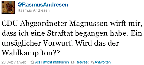 @RasmusAndresen: CDU Abgeordneter Magnussen wirft mir, dass ich eine Straftat begangen habe. Ein unsäglicher Vorwurf. Wird das der Wahlkampfton??