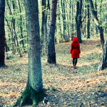 Rotkäppchen im Wald, von hinten fotografiert